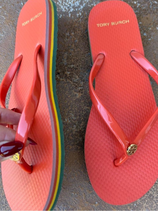 Tory Burch Shoes - Tory Burch Sole Bright Samba Red Flip Flop Sandals Gold Metal Logo Sz 8